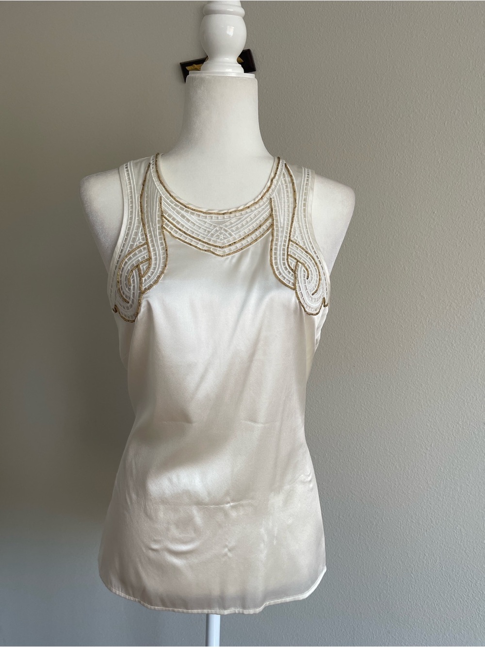 Cache Ivory Satin Beaded Tank Top